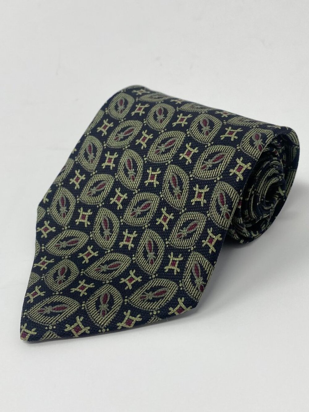 Vintage Giorgio Armani Cravatte Tie Navy Blue Olive Green Geometric Silk Italy